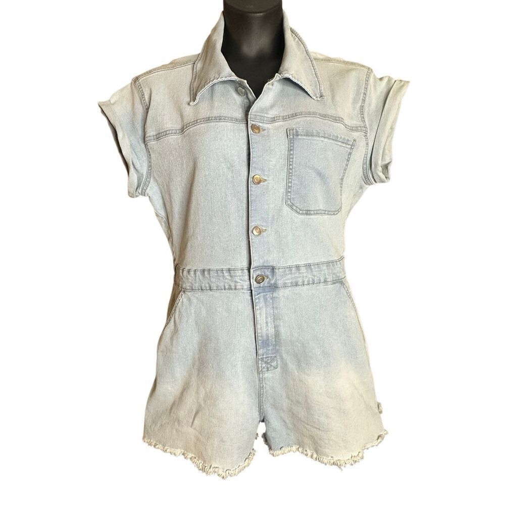 Celebrity Pink Women's Blue Denim Stretch Jean One Piece Shorts Jumpsuit Large